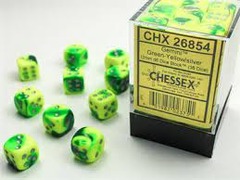 Gemini Green-Yellow/Silver 12mm D6 (36 Dice)